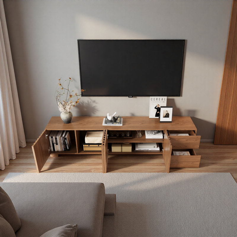 Console de 78,7 po en noyer avec portes et tiroirs cannelés
