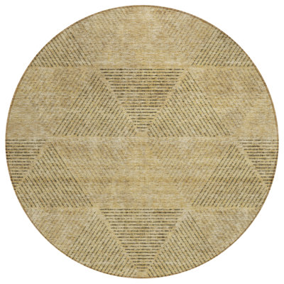 8' Wheat And Beige Round Geometric Washable Indoor Outdoor Area Rug