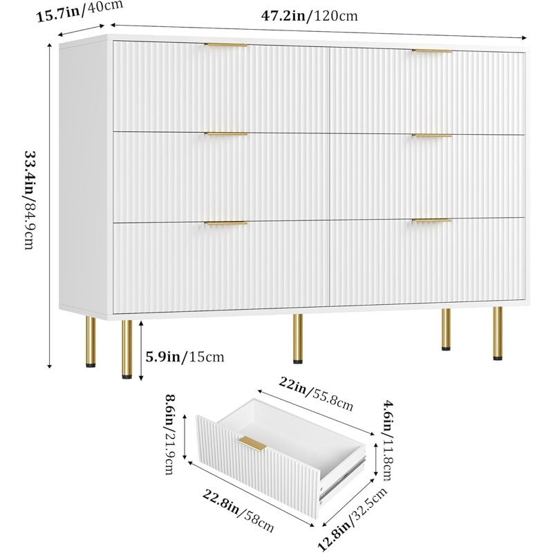 Modern Fluted 6-Drawer Dresser – Large Chest of Drawers with Gold Handles, Bedroom Storage Organizer for Clothes & Essentials, Stylish Dresser for Living Room, Hallway & Entryway