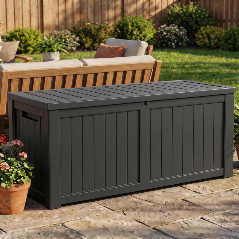120-Gallon Resin Deck Box – Lockable, Waterproof Outdoor Storage, Black