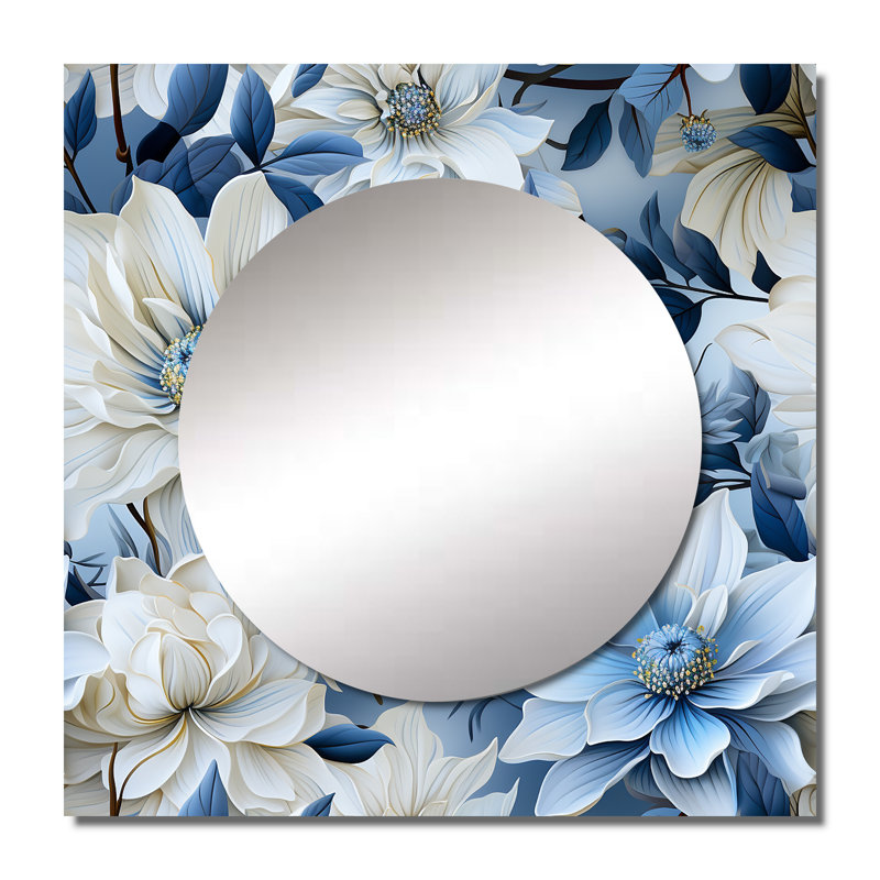 Motif botanique arctique bleu et blanc - grand miroir carré floral pour décoration murale, 23 po x 23 po