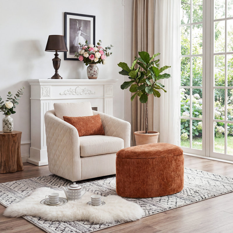 Anton 25.8" W Upholstered Asymmetrical Triangular Pebble Shaped Triangular Storage Ottoman, Brown Chenille