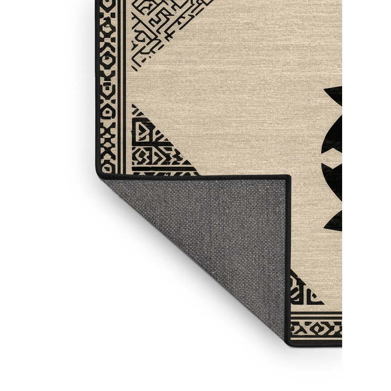 Soft Plush Eaddy Bohemian Moroccan Area Rug in Beige – Black Binding, 3' Round