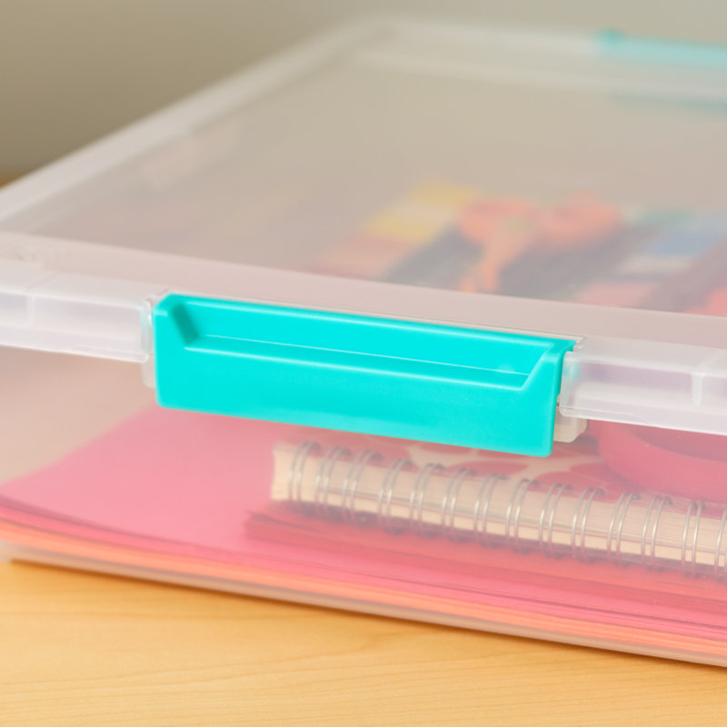 Clear Plastic Stackable Lidded Storage Box with Teal Latches