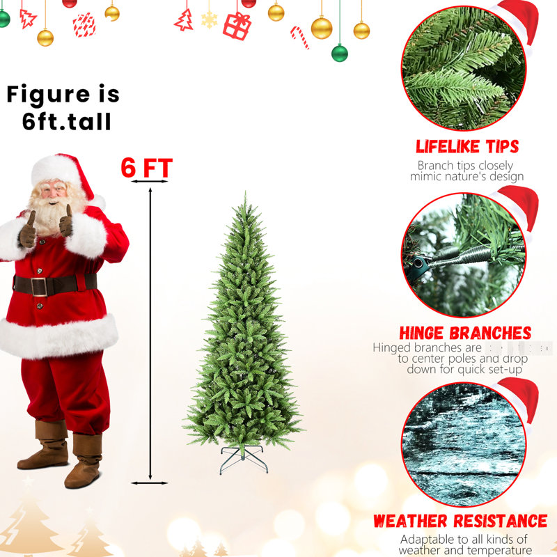 Arbre de Noël mince de 7,5 pi avec 1396 pointes Pe +, branches à charnières faciles à installer, support pour arbre mince de bureau, pointes Pe + mixtes, installation simple, coins en métal stables
