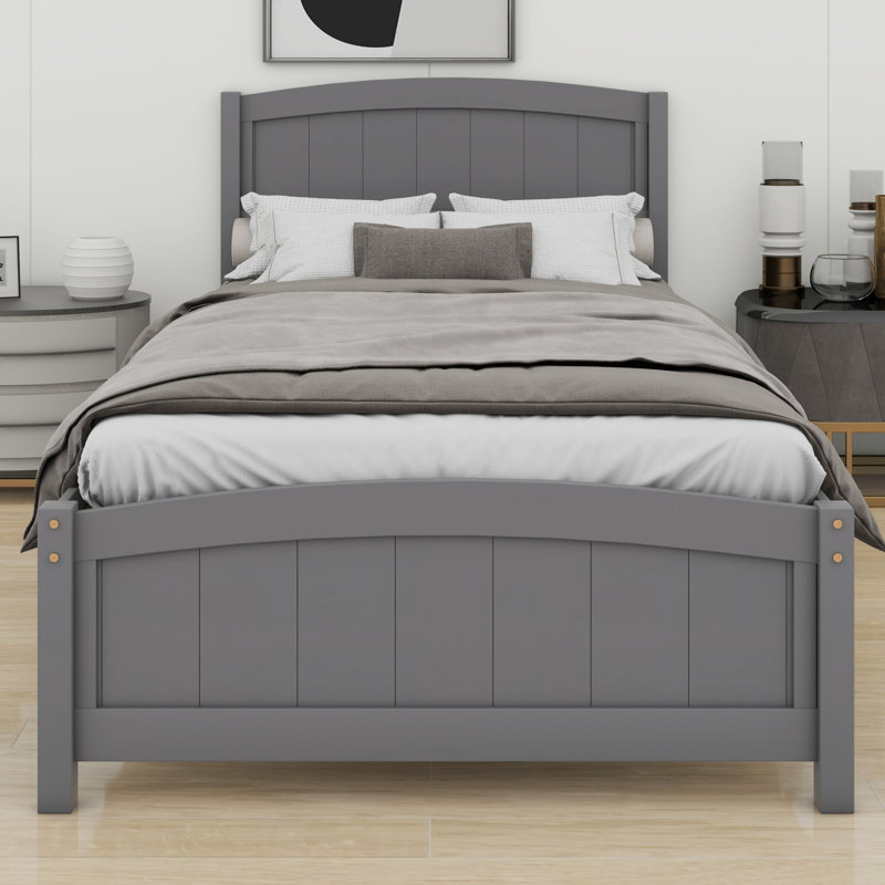 Lit plateforme en bois avec tête de lit, pied de lit et lattes en bois, Gris