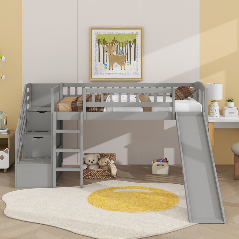 Lit mezzanine simple avec glissière Stairway, Gris