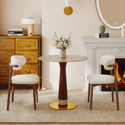 Table de salle à manger ronde en pierre frittée pour deux personnes, plateau en travertin beige de 85 cm, colonne fuselée en noyer avec détails en rotin et base ronde dorée, table de petit-déjeuner moderne pour balcon
