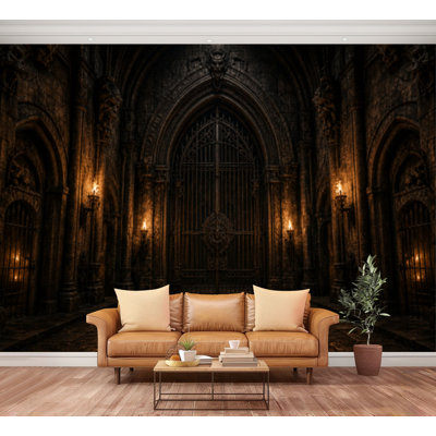 Wall Mural Peel and Stick Wallpaper Gothic Stone Dungeon Wall Arched Doorways Torchlight Illumination Self-Adhesive Removable Contact Paper Wall Decor for Living Room Bedroom 100"H x 144"W