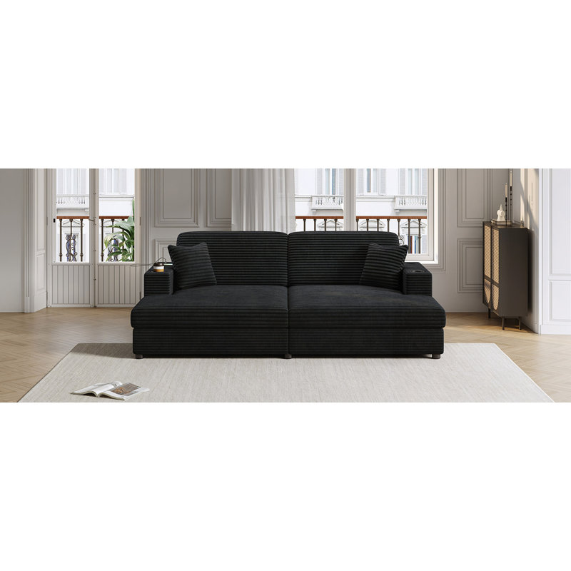 Canapé-lit modulaire 86,5 po avec deux ports USB, deux porte-gobelets et deux coussins décoratifs pour salon et chambre à coucher