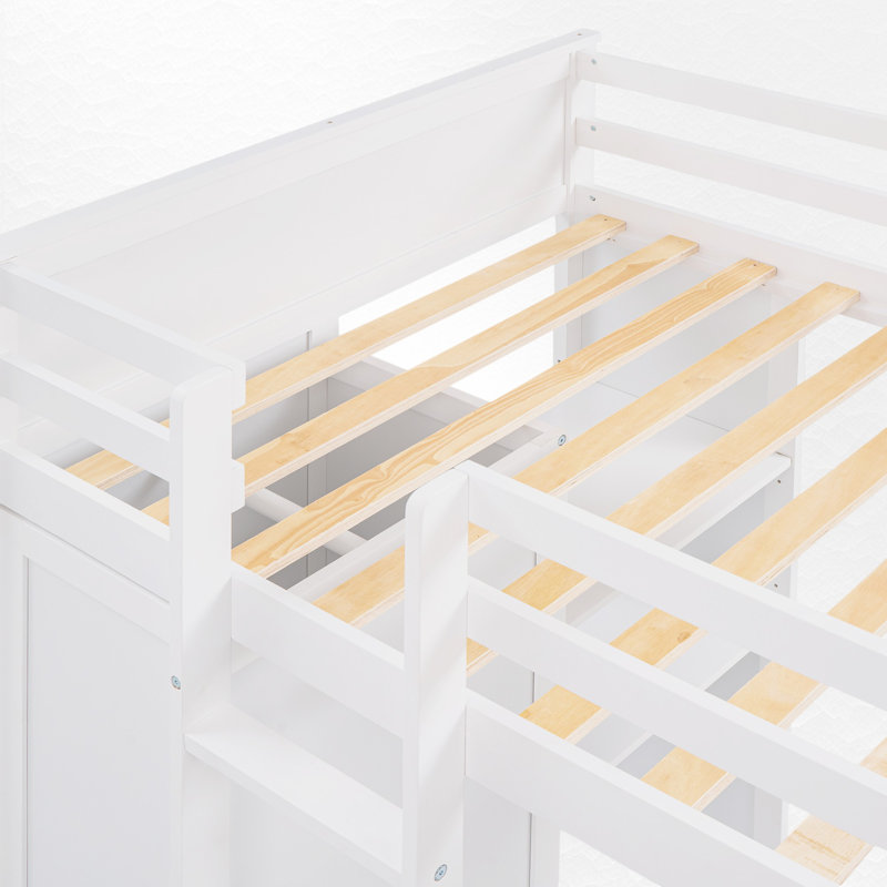 L - Shape Bunk Bed With Built-In Desk And Wardrobe, Full Over Twin, White