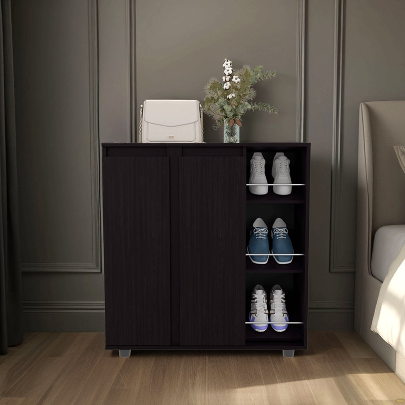 Armoire de rangement pour chaussures à 2 portes avec tablette, Wengé