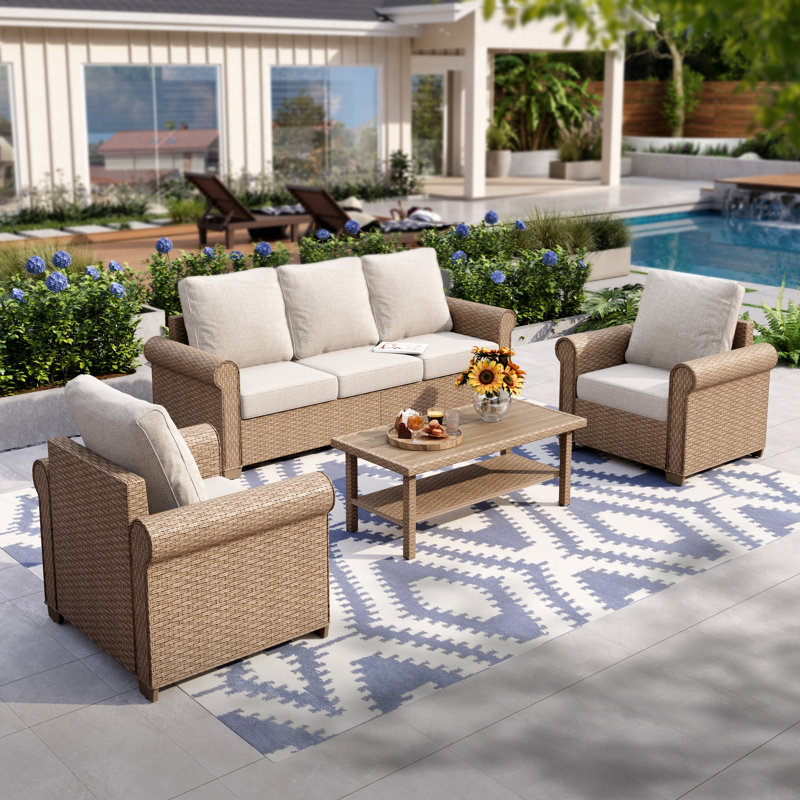 Rattan 5 - Person Seating Group with Cushions, Beige, No