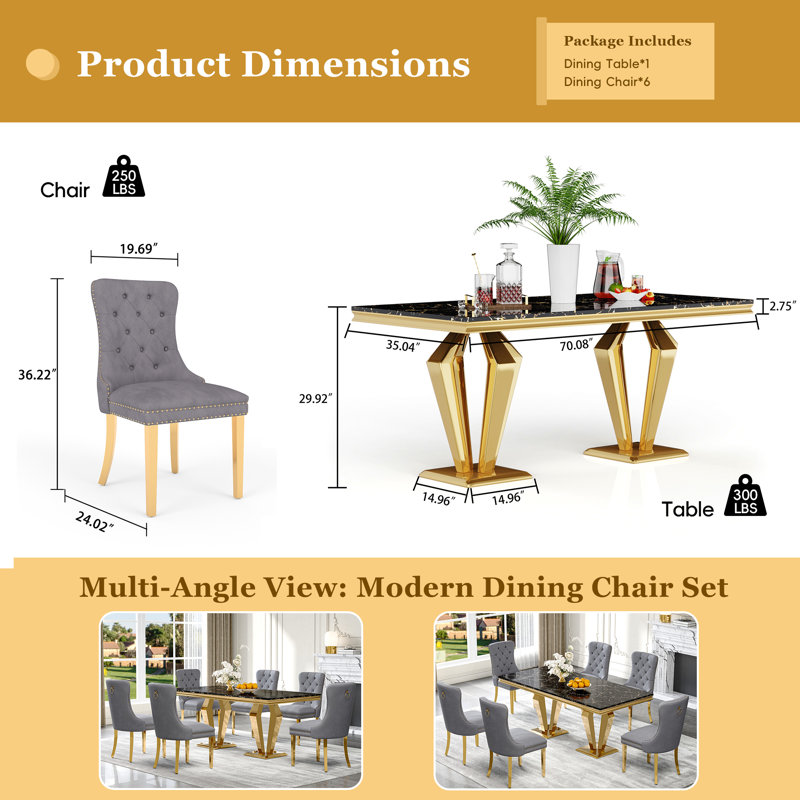 7-Piece Dining Table Set, Marble Veneer MDF Table with 6 Velvet Dining Chairs – Modern Dining Set for 6, Black/Gold/Gray/Gold