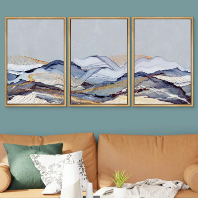 «Smoke Effect», reproduction d'art sur toile encadrée, or bleu pastel, paysage pastel géométrique, formes abstraites, illustrations, minimalisme, décor relax / calme pour le salon, la chambre à coucher, le bureau, impression sur toile, 3 pièces
