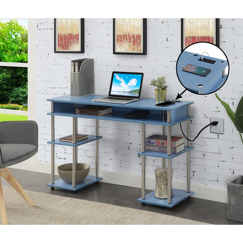 Bureau d'ordinateur Edwin No Tools avec prises intégrées, Bleu