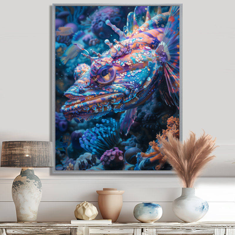Créatures marines bleues abysse rougeoyante - créatures marines, H 44 po x l 34 po x P 1,5 po, Encadrement argenté