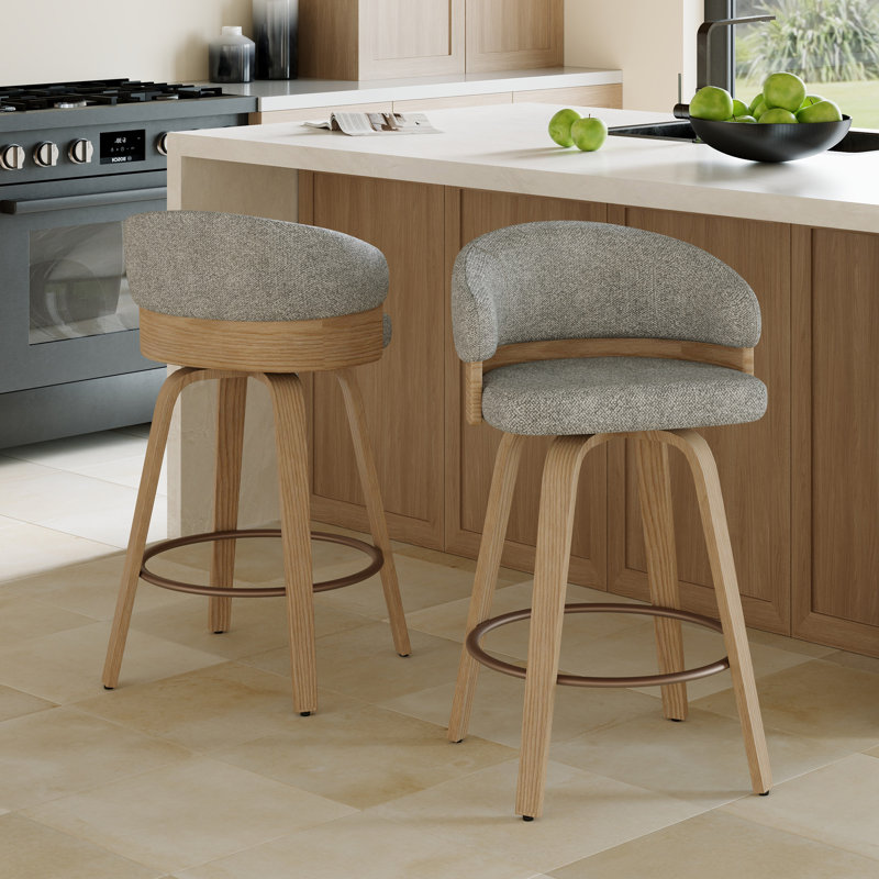26'' Swivel Upholstered Counter Stool With Wood Frame, Gray Seat/Oak Frame