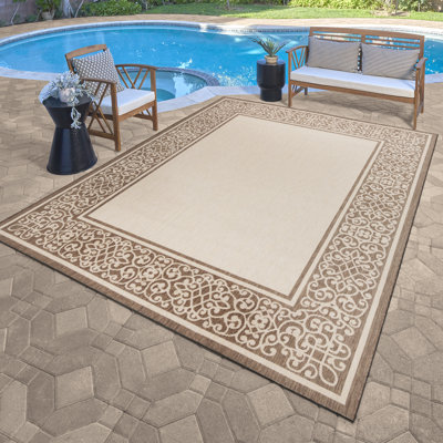 Solterra Guilhermino Havana Brown Cream Beige/ Sand Transitional Wide Scrolled Border Flatweave Polypropylene Indoor/ Outdoor Area Rug