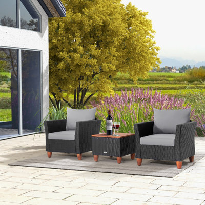 3 Pieces Patio Furniture Set Garden PE Rattan Chairs Conversation Set W/ Storage Table
