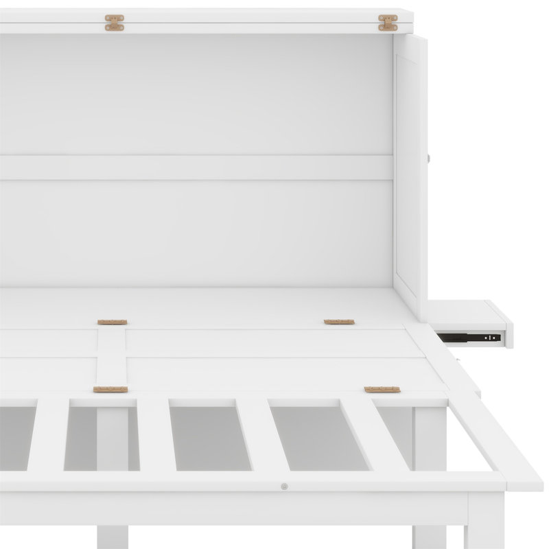 White Queen Murphy Bed Cabinet with Charging Station and Side Shelves, Space-Saving Wall Bed Frame, White, Queen