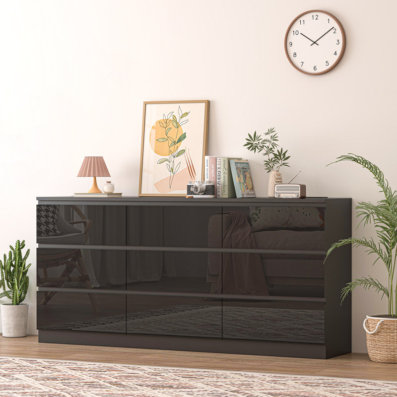 70 Inch 9 Drawers Dresser With Power Outlet, Wide High Gloss Chest Of Drawers Large, Modern Storage Drawer Dresser For Bedroom