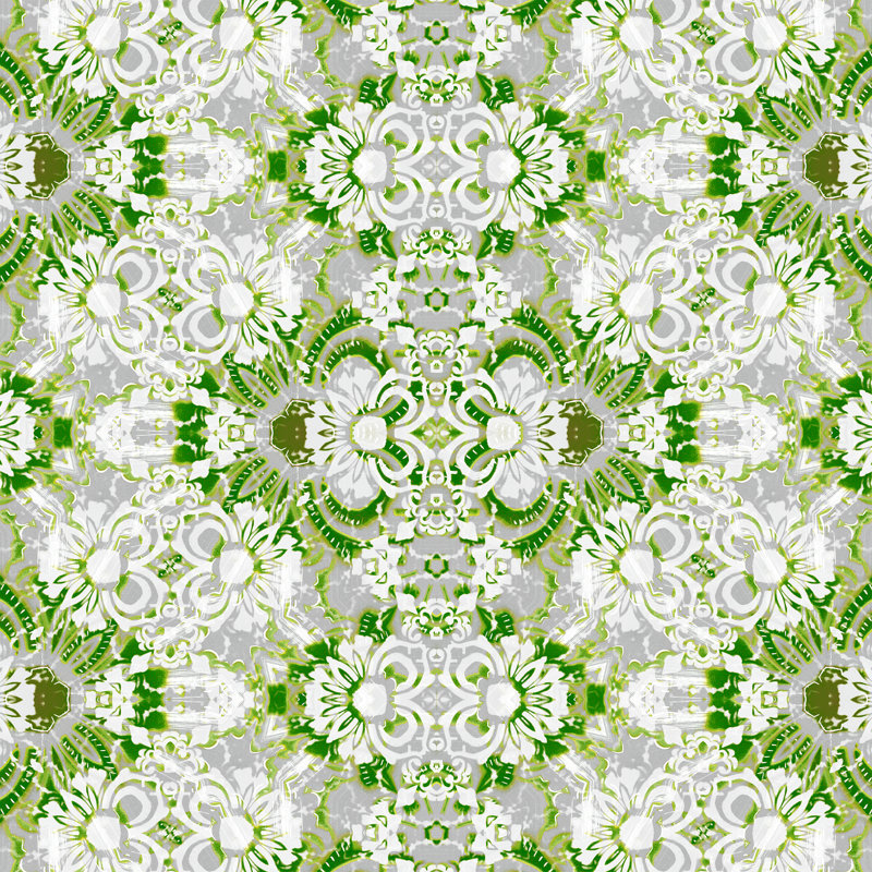 Carmen | Double rouleau de papier peint abstrait floral, Vert / Blanc / Gris