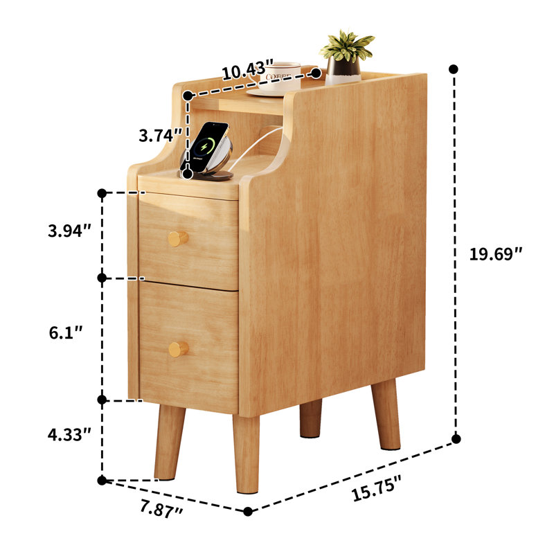 Narrow Nightstand with Drawers, 7.9" Solid Wood Side Table for Small Spaces, Small Bedside Table for Bedroom with Pull-Out Tray, Natural