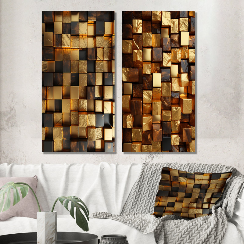 Cubes abstraits noirs et dorés I - ensemble de 2 reproductions d'art géométriques abstraites, H 28 po x l 25 po, Toile tendue