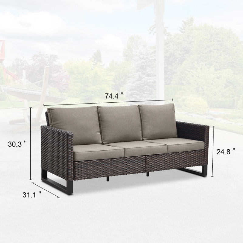 Ingvald 74.4'' Wide Outdoor Rectangle Patio Sofa with Cushions, Gray/Brown