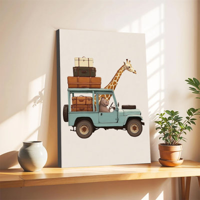 Whimsical Hippo Driving Jeep With Giraffe Travel Safari Illustration, Large Gallery Wrapped Canvas Wall Art Print For Living Room Bedroom