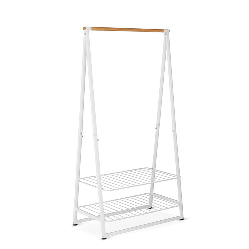 Large White Steel and Bamboo Portable Clothes Rack