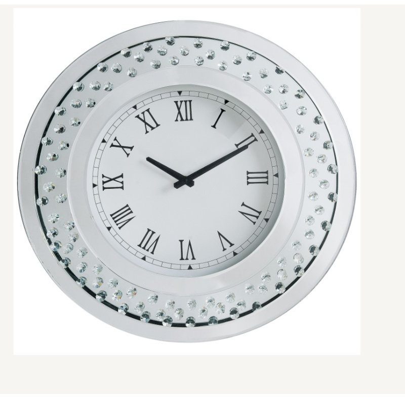 White Wood and Mirror Round Wall Clock with Crystal Trim