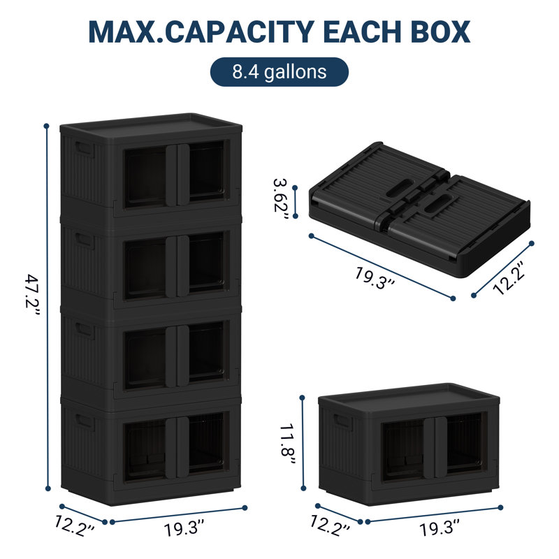Stackable Collapsible Plastic Storage Bins with Lids – 150 QT Closet Organizers with Doors, 19” L x 12.2” W, Black