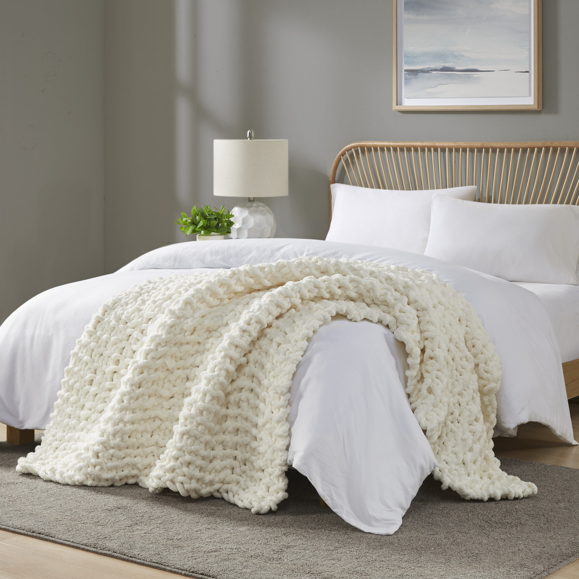 Chenille Chunky Knit Luxurious Soft Handmade Throw, Ivory