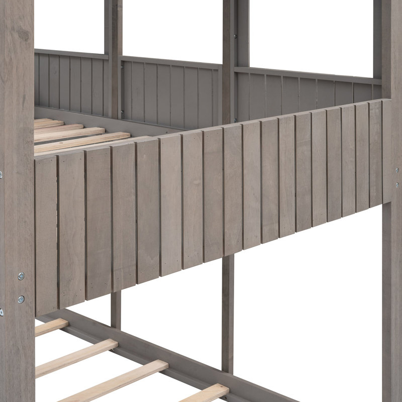 Lit superposé double en bois avec fenêtre - Améliore la ventilation de la chambre à coucher au-dessus de la barrière de sécurité grise antique et sécuritaire pour la famille