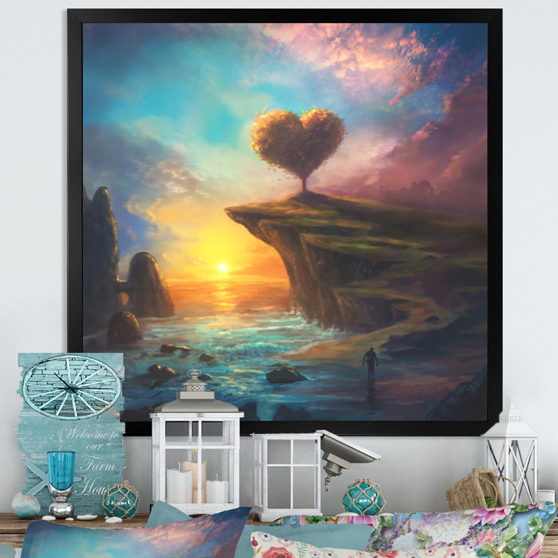 Cœur, paysage coucher de soleil - On, Impression noire sur toile encadrée, H 16 po x l 16 po x P 1 po