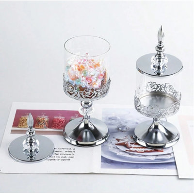 Candy Jars,Luxury Crystal Glass Storage Jar Set with Lid, 2-Piece Decorative Candy Container, 11.42 and 12.99 Inches, Silvery
