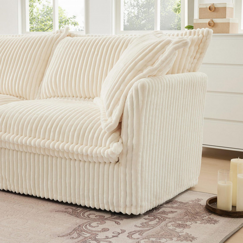 Evelyn U-Shaped Sectional Sofa with 2 Ottomans, Cream Corduroy, 34.6" H x 146.4" W x 55" D