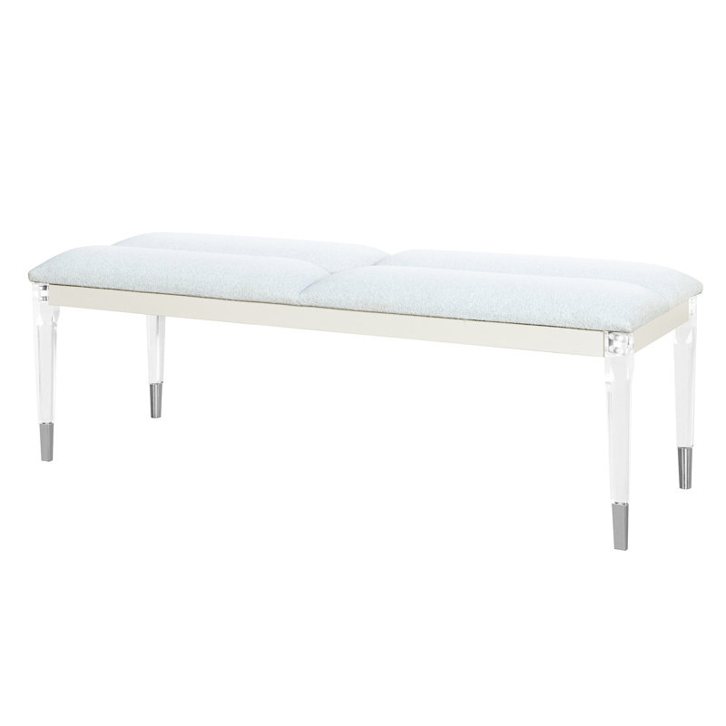 Banc de chambre blanc rembourré avec pieds en acrylique et base stable dans un cadre champagne