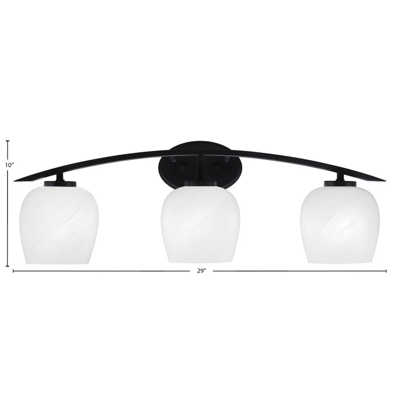 Barre d'éclairage de salle de bain 3 lumières avec verre marbré blanc 6 po Kurve, Noir mat