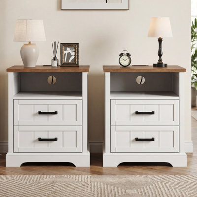 Farmhouse 19.7" W 2-Drawer Nightstand with Charging Station(Set of 2)