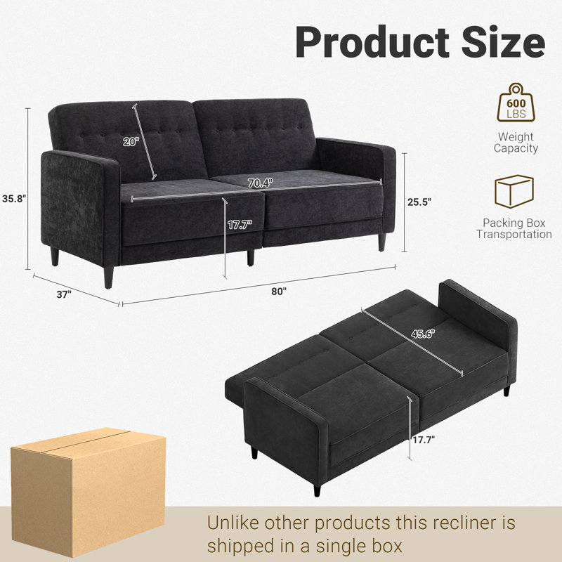  81"Convertible Sofa Bed 3-position Adjustable Backrest Chenille Fabric, Black