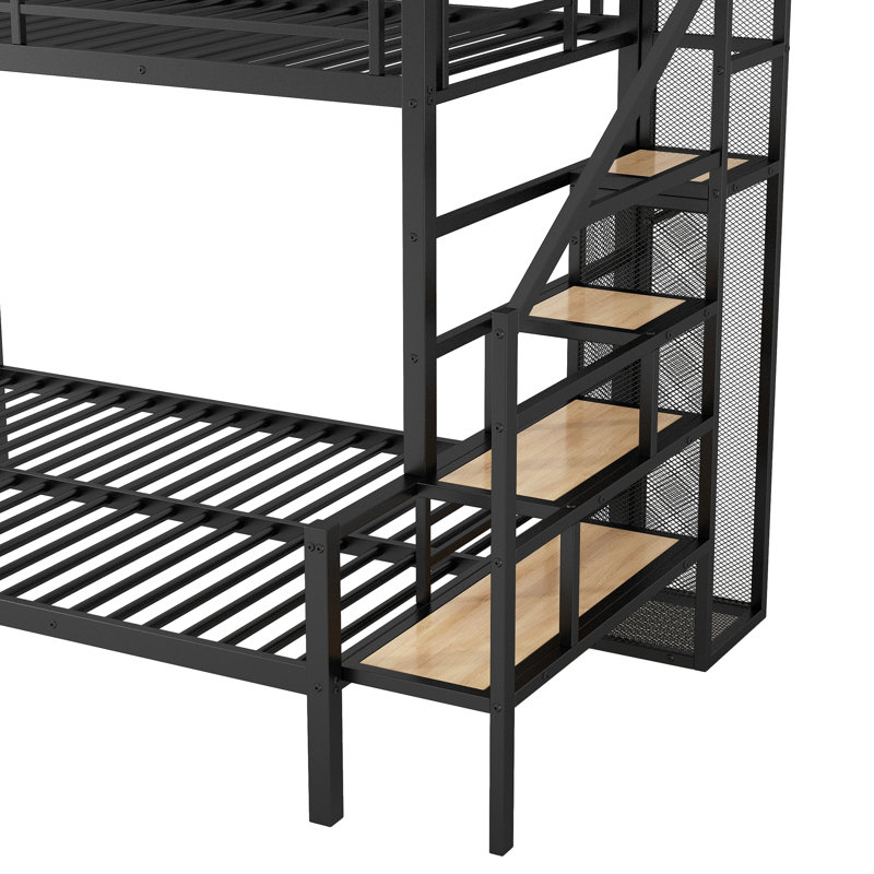  Lit superposé simple au dessus d'un lit double en métal avec escalier de rangement et garde-robe ouverte, noir