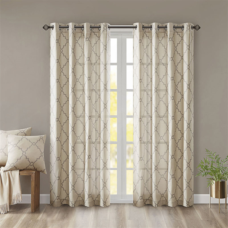 Fretwork Print Grommet Top Window Curtain Panel With Geometric Pattern And Light-Filtering Texture., Beige/Grey