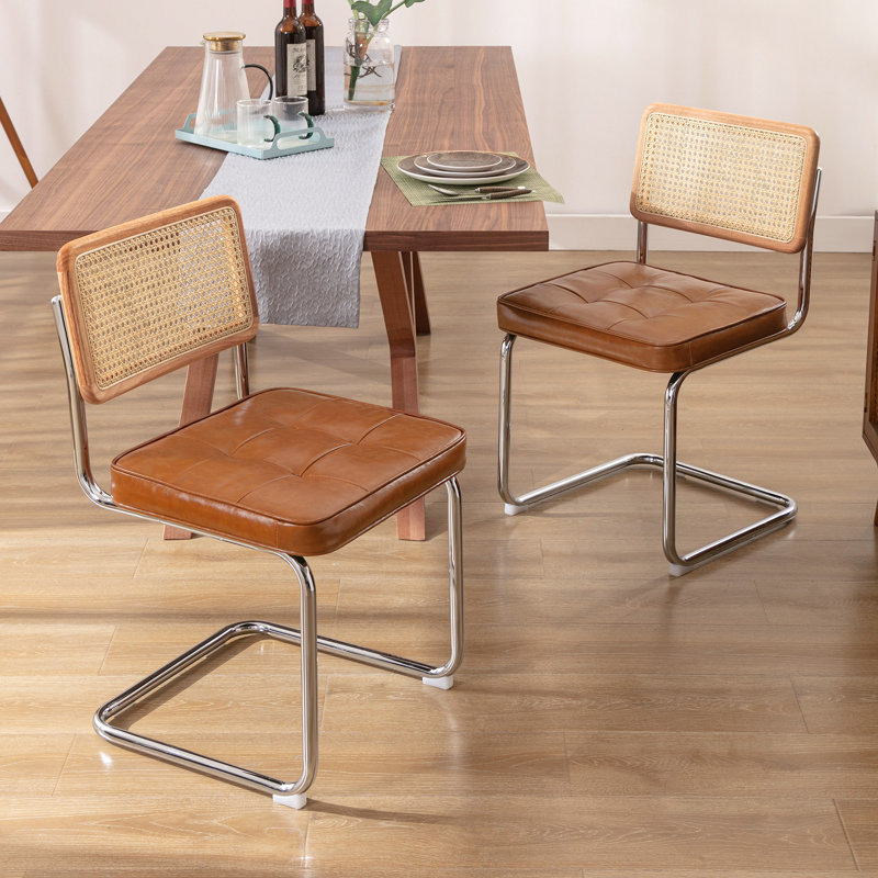 Aveon 48.5cm H Mid-Century Modern Tufted Leather Cantilever Dining Chair with Chrome Frame and Cane Rattan Back, Brown