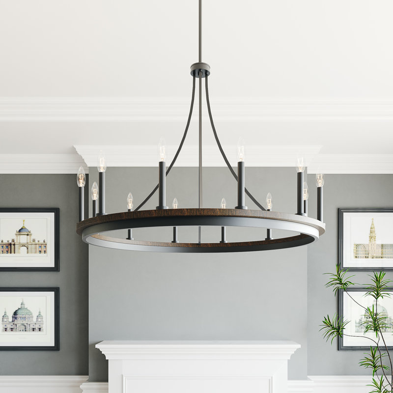 Marconi 12-Light Dimmable Wagon Wheel Chandelier , Weathered Walnut