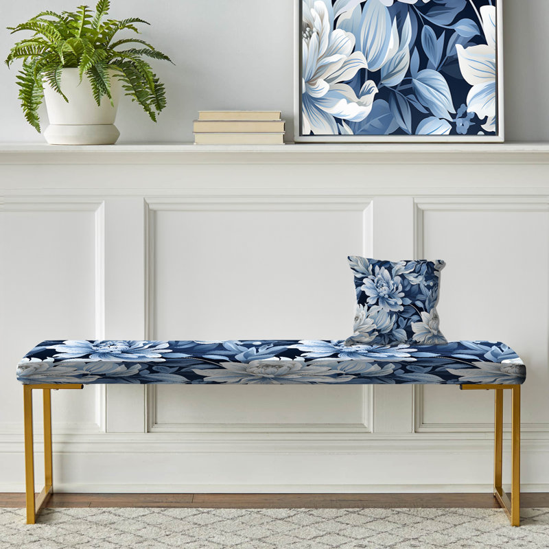 Pivoine bleue et blanche damassée avec fleurs IV - banc rembourré floral doré