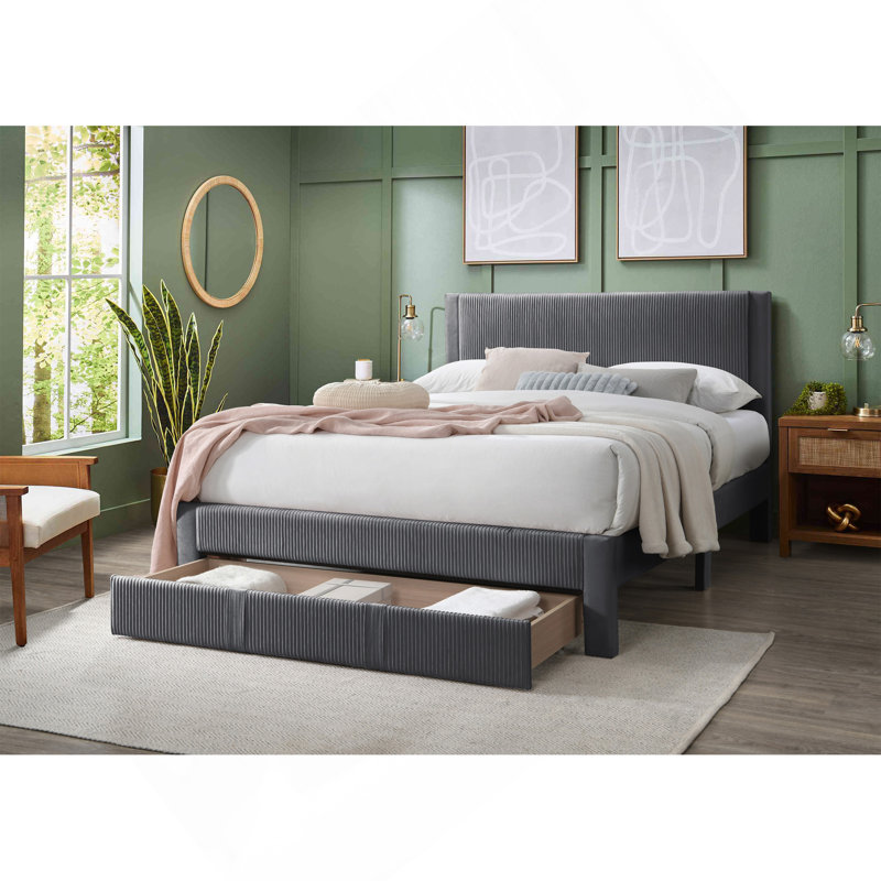 Tête de lit en velours côtelé gris luxueux avec lit de rangement grand format 1pc