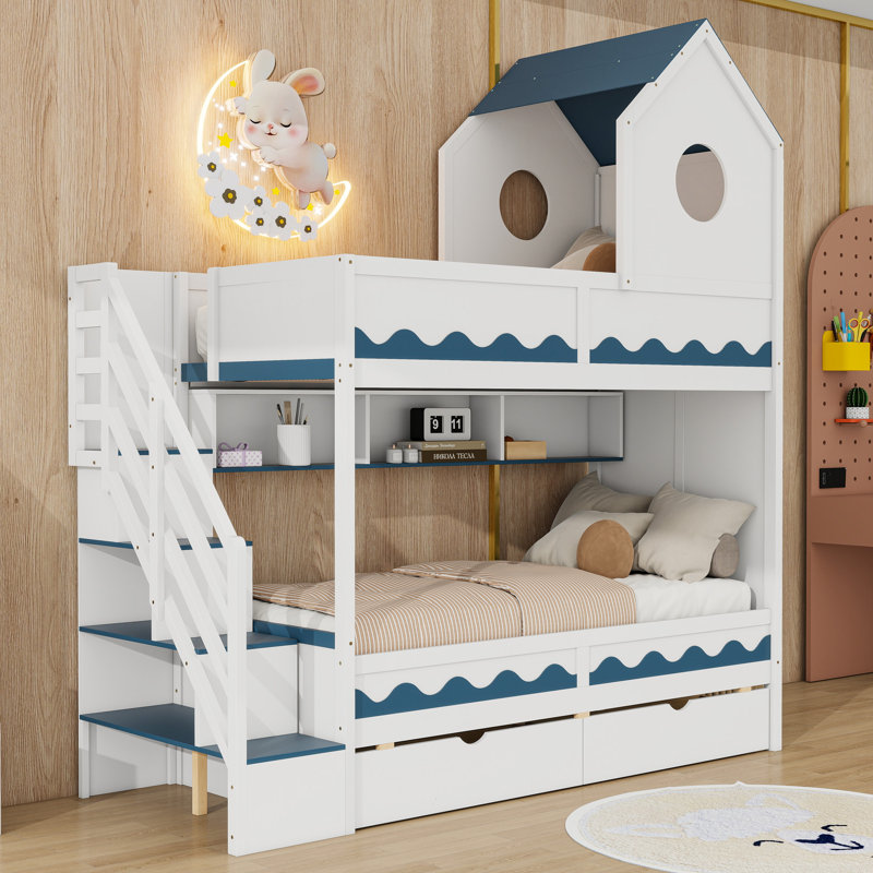 Twin Over Twin Wooden Bunk Bed with Staircase, Drawers and LED Lighting, White